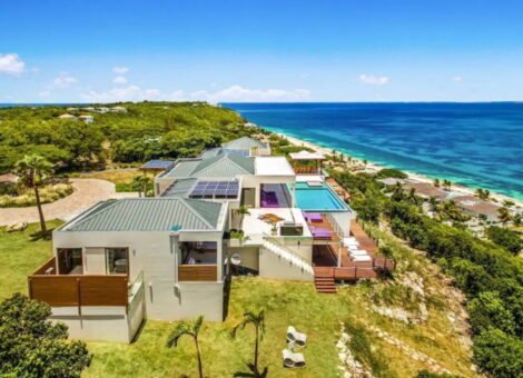Luxury Villa Amandara aerial drone view in Terres Basses St Martin overlooking ocean