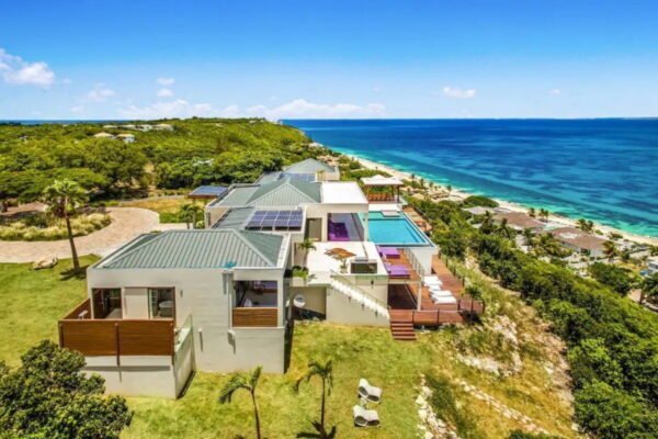 Luxury Villa Amandara aerial drone view in Terres Basses St Martin overlooking ocean